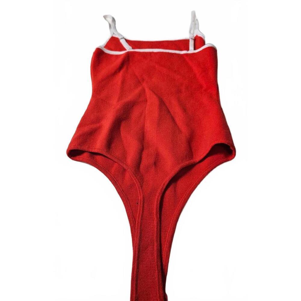 Forever 21 Women's Red‎ Bodysuit  with White Straps and Piping Size XS - Picture 2 of 6
